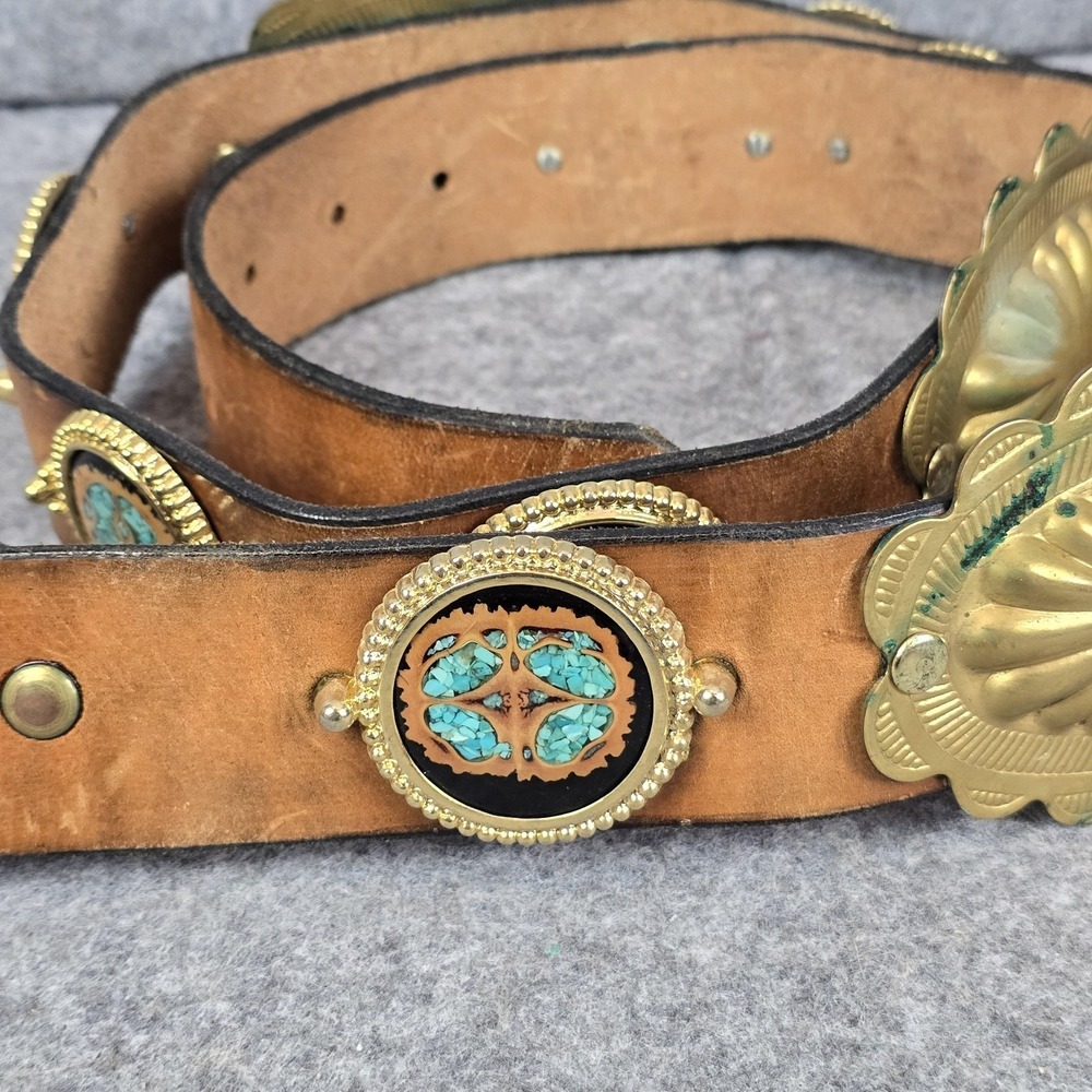 Western Concho Belt 48" Brown Leather Brass Tone Turquoise Inlay Studded Conchos - Picture 2 of 16